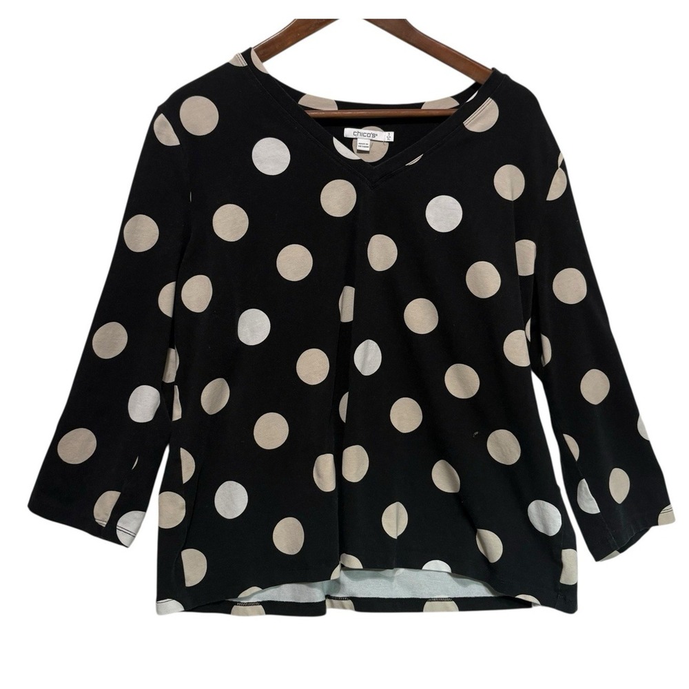 Chicos Womens Polka Dot‎ Top XL Black Beige Retro Parisian Artsy Retro Chic Mod